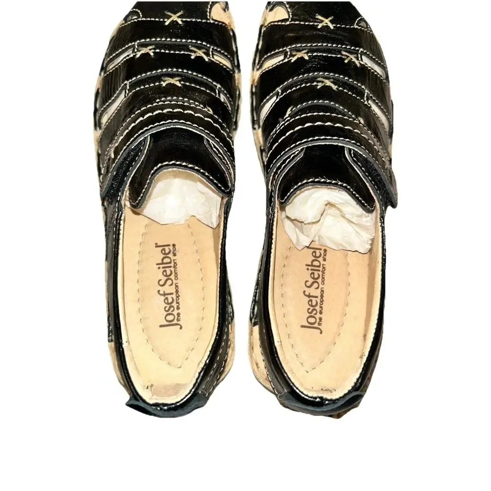 Josef Seibel Ida Black Sandals Loafers‎ Womens Sz US 6.5 EU 37 Leather Fisherman